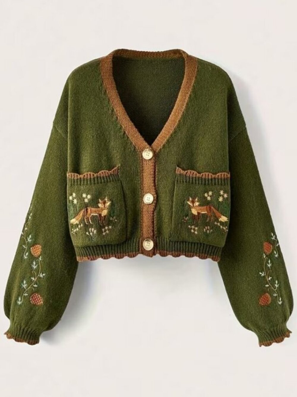 Button Up Fox Nature Army Green Cardigan With Pockets
